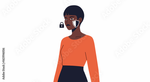 Password protection concept image shows woman with face partially replaced by lock.  Password protection is essential for digital security and privacy.