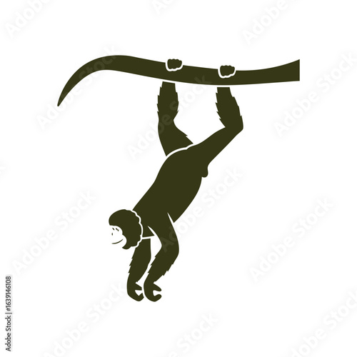 Black-and-white vector silhouette of a gibbon hanging from a tree branch.