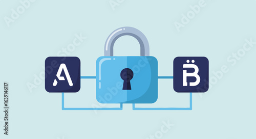 Secure online payment system with password protection. Digital padlock protects financial transactions between accounts A and B. Secure payment method image for banking apps, online stores,