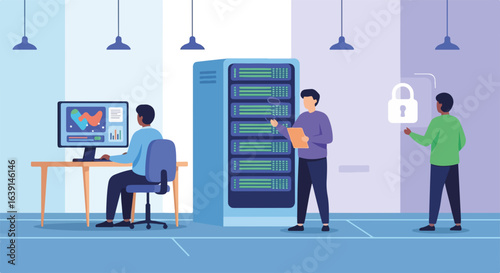 Password protection system with IT specialists working on data security in modern office. Team of professionals ensuring data protection and privacy.  Password protection concept for website, app,