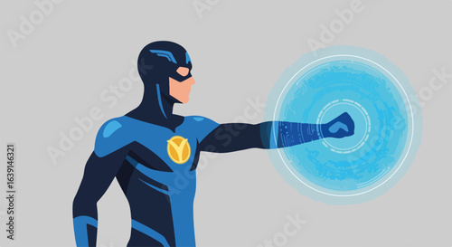 Shield cyber protection superhero in blue and black suit with protective shield cyber, an illustration. This shield cyber safeguards from harm, providing a defensive wall of energy.