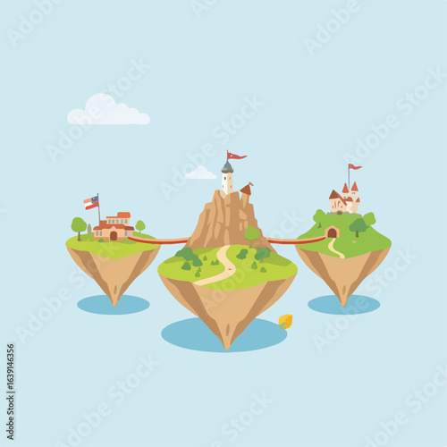 Clean vector art of 3 floating islands connected by bridges shaped like arrows