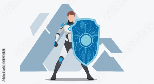 Conceptual shield cyber protection illustrated with futuristic human figure, a symbol of security. The shield cyber figure guards against digital attacks and data breaches,