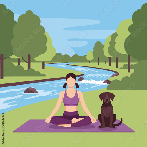 Woman practicing yoga with detox and chocolate labrador retriever at park.