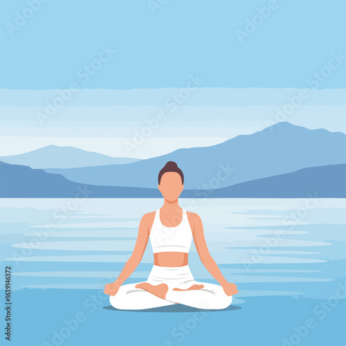 Woman in lotus position for detox. Woman sitting in yoga lotus pose for detox by calm lake and mountains, wearing white sports clothing. Concept for calm detox retreat, wellness, and mental health.