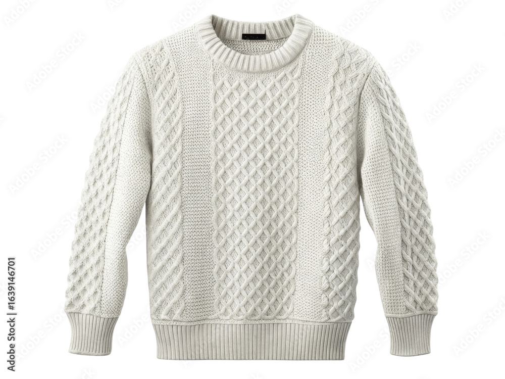 Fototapeta premium Cozy white sweater features intricate cable knit patterns perfect for winter. Ideal for Christmas gatherings and casual outings