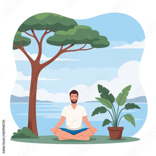 Man in meditation outdoors surrounded by nature for detox. A man peacefully meditating promotes body detox and inner peace, a nature scene with water backdrop adds to calmness.