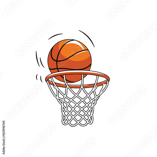 Basketball Entering Hoop with Stretching Net Minimalist Vector Design
