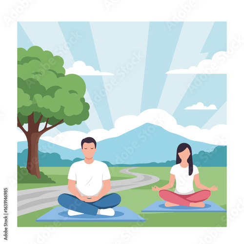 Man and woman doing detox in the park, practicing yoga together, enjoying a sunny day. Detox activity is an effective way to reduce stress and improve mental health.