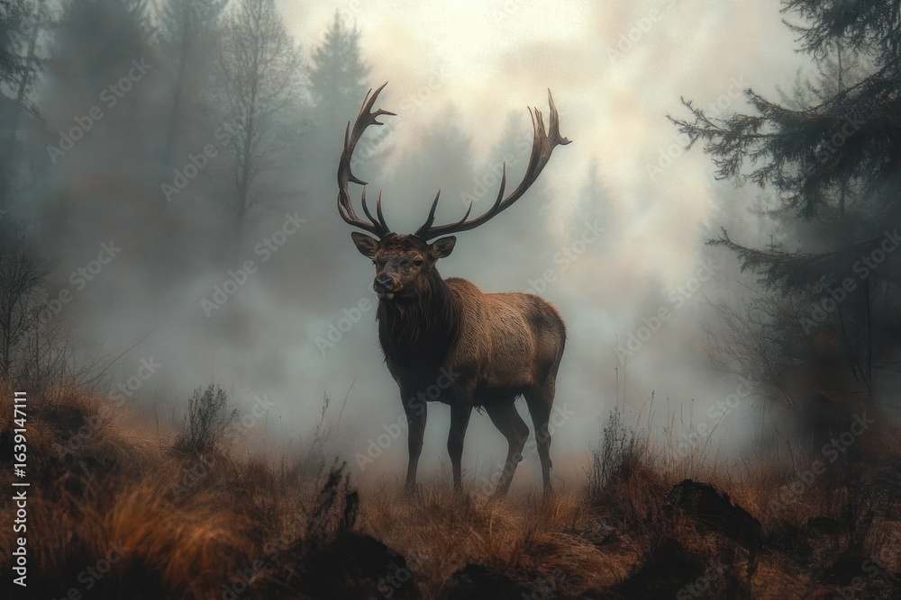 Obraz premium Majestic stag with large antlers standing in a misty forest clearing surrounded by tall trees and dry grass, evoking a mysterious and serene atmosphere
