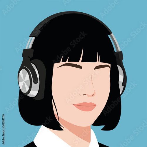 Portrait of woman with working headphones listening to music against blue backdrop. This portrait with working headphones captures serene listening experience.