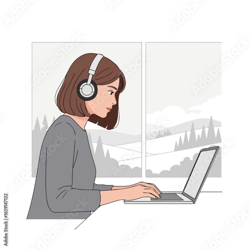 Depiction of working headphones on young woman in gray sweater, using laptop near window. Working headphones allows her focus on the screen, typing and browsing online.