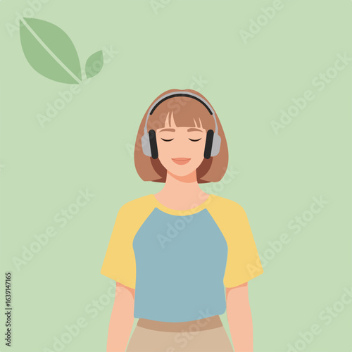 Woman with working headphones listening to music on a pastel green background. Working headphones provide relaxation and tranquility as she stands peacefully with eyes closed.