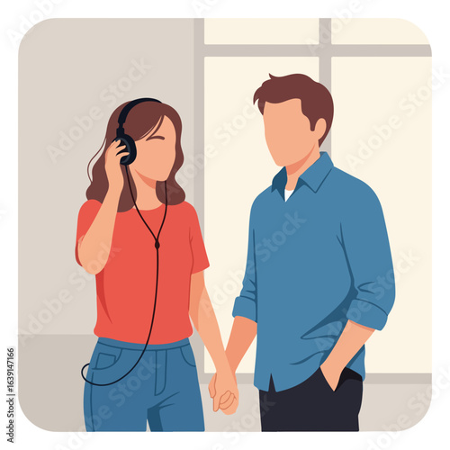 Couple holding hands wearing working headphones while listening to music together. Working headphones provide an immersive audio experience as these two enjoy a shared moment.