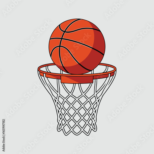 Bold Geometric Basketball on Rim with Minimalist Flat Design