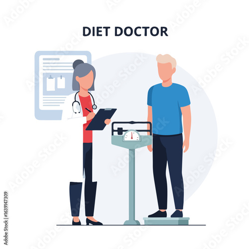 Diet doctor consultation with a patient standing on weight scale, in blue shirt and blonde hair, medical report in background. A diet doctor examines a patient's weight for personalized healthcare.