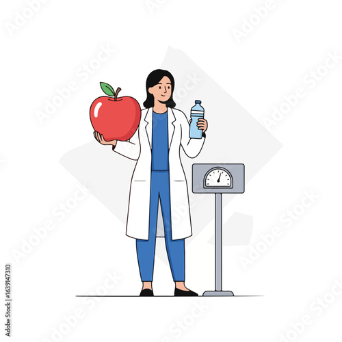 Diet doctor holds fresh apple and water bottle next to scales for health advice. Diet doctor gives nutritional recommendation with balanced diet plan.
