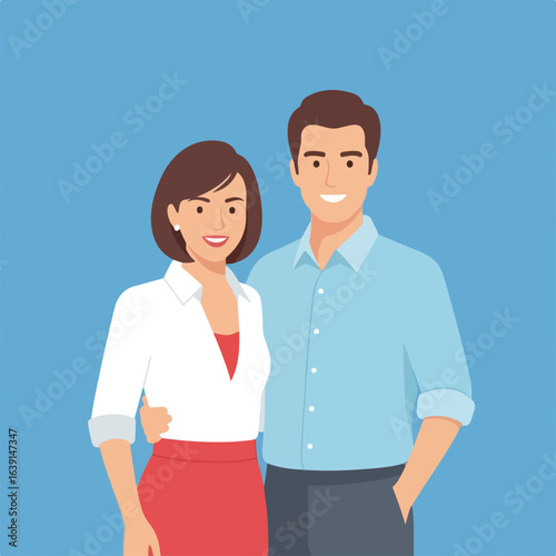 Confident couple posing for portrait, expressing family togetherness and shared goals. Happy couple embracing conveys teamwork and support in relationship, showing warmth and connection.