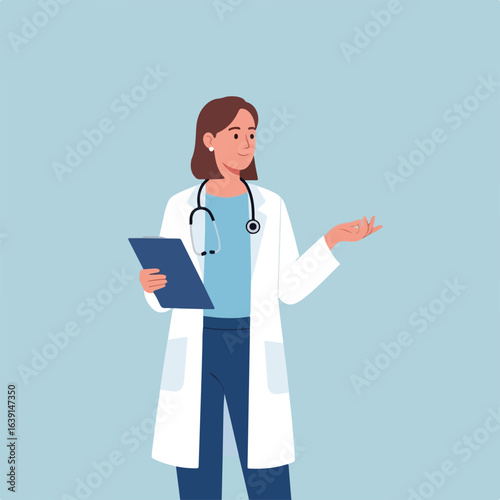 Diet doctor with clipboard in white coat discussing patient health. Diet doctor explains treatment plan to patient. Concept diet doctor for medical advice, preventative care or health consultations.