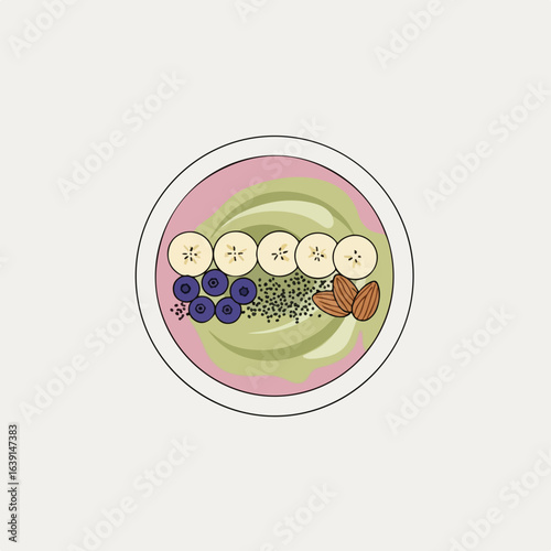 Delicious smoothie bowl with fresh fruit and seeds in clean modern style. Bright smoothie bowl with nutritious fruits: blueberries, banana slices, almonds and seeds for healthy breakfast.