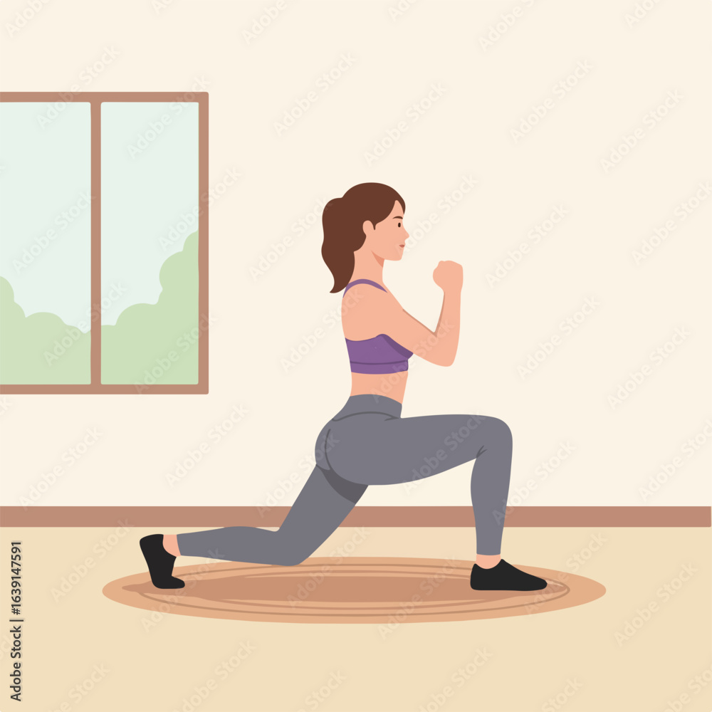 Fototapeta premium Practicing fitness at home with woman doing lunges, she demonstrates fitness at home in active wear on exercise mat. She shows dedication to fitness at home for healthy lifestyle and wellness routine.