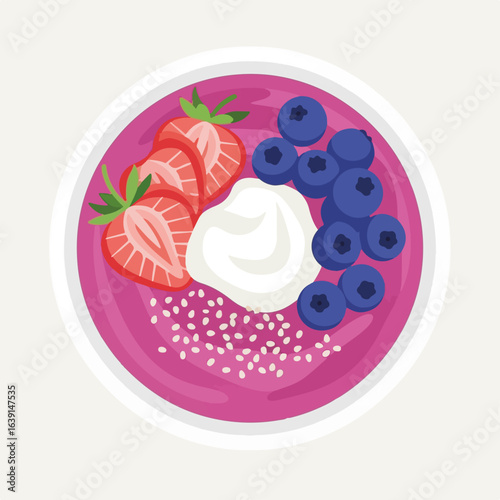 A vibrant smoothie bowl with fresh strawberries, blueberries, and cream on a white background. This smoothie bowl is topped with sesame seeds, creating a visually appealing and delicious treat.