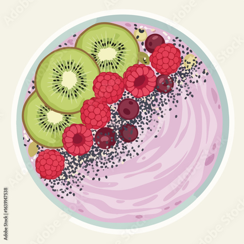 Delicious smoothie bowl with fresh raspberries and kiwi slices on top. Smoothie bowl contains healthy berries and fruit, perfect for a nutritious meal or snack.