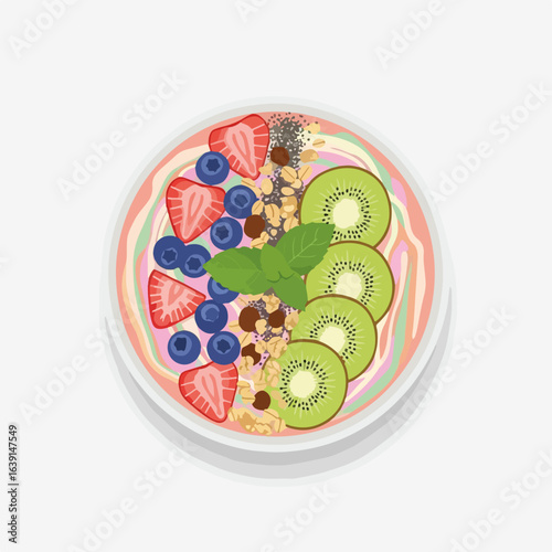 Colorful smoothie bowl with fresh fruit and cereal, close up overhead view. Smoothie bowl filled with assorted fruit, like strawberry slices and blueberries, granola and kiwi, for breakfast.