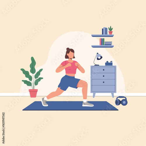 Fitness at home is beneficial, with woman doing lunges on blue mat in living room. Home fitness helps stay active and maintain wellbeing. Get your fitness at home, ideal for wellness blog.