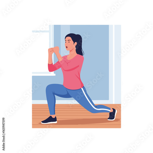 Fitness at home with woman doing lunges in living room. Dynamic fitness at home exercise with focus and determination to maintain healthy lifestyle. Fitness at home concept for well being.