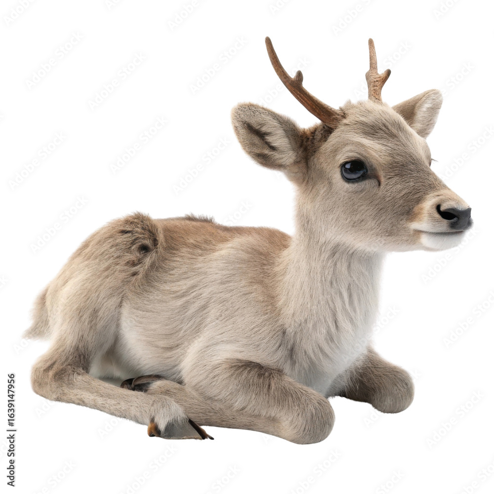 Fototapeta premium Cute reindeer lies peacefully, showcasing its soft fur and gentle expression, perfect for cozy Christmas scene