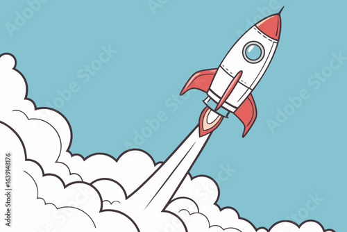 Minimalist cartoon rocket launching with smoke trail against blue sky background