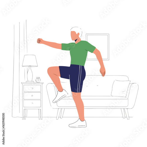 Fitness at home routine with man doing high knees exercise, indoor. Home fitness workout for health and wellness includes aerobics and cardio.