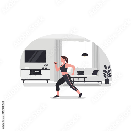 Fitness at home with woman doing workout in her living room, perfect fitness at home routine. Full body fitness includes cardiovascular exercise and bodyweight training.