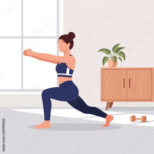 Fitness at home with woman in sportswear doing lunges in her living room. Fitness at home workout includes lunges and weight training in comfortable indoor setting, providing strength and tone,
