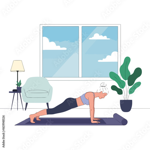 Woman doing fitness at home, exercising on yoga mat in living room with potted plant. Fitness at home keeps body strong and healthy. Practice fitness at home for physical and mental wellness.