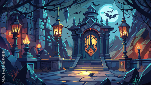 Lanterns flicker near crypt entrance, bats flutter past. Intricate stone carvings, mysterious inscriptions, immersive high detail artwork, gothic horror tone, spooky yet captivating mood, atmospheric 