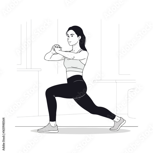 Young woman fitness at home, performing lunge exercise in monochrome illustration. Fitness at home workout for strength and flexibility, a determined female figure practices lunge.