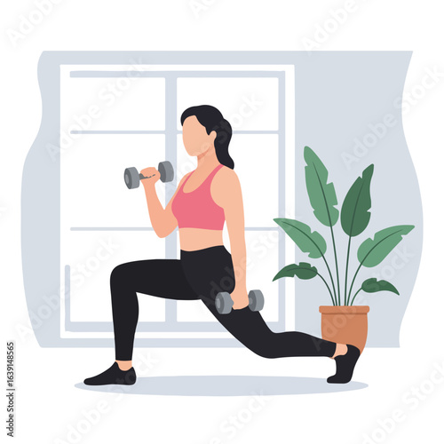 Fitness at home with determined woman doing lunges with dumbbells in stylish apartment. Exercising at home allows for convenient strength training, building muscle and improving overall health,