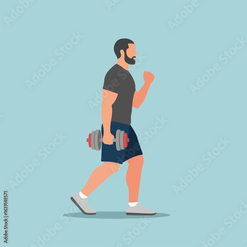 Fitness at home with a bearded man lifting dumbbell for his workout. At home fitness, he is building strength in his apartment, exercising and training with weights.