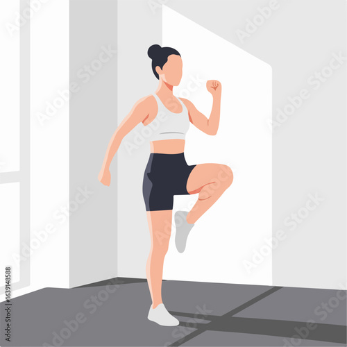 Fitness at home with young woman, a solo fitness at home workout session indoors. Fitness at home includes cardio exercises to boost endurance and strength.