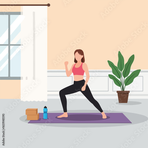 Fitness at home with young woman in sportswear on yoga mat with water bottle and blocks. Fitness at home promotes wellness in tranquil setting, indoors with potted plant and soft light.