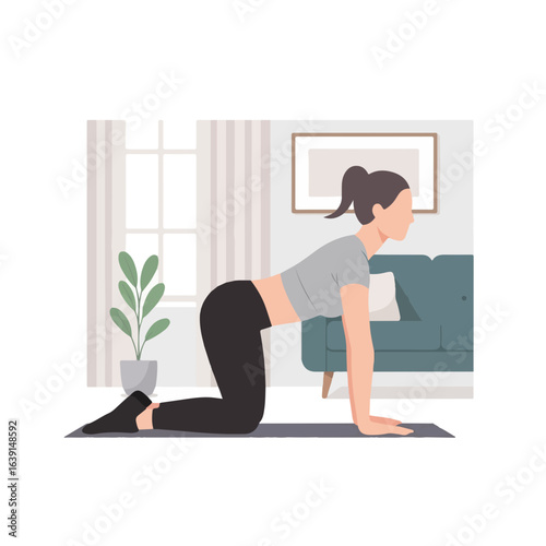 Woman practicing fitness at home on yoga mat. Fitness at home routine showing female figure in active pose, stretching body in living room with modern sofa and plant.