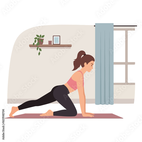Fitness at home with woman doing plank exercise on yoga mat during her workout, fitness at home is her lifestyle. Her fitness at home includes a balanced diet, meditation and regular floor exercises.