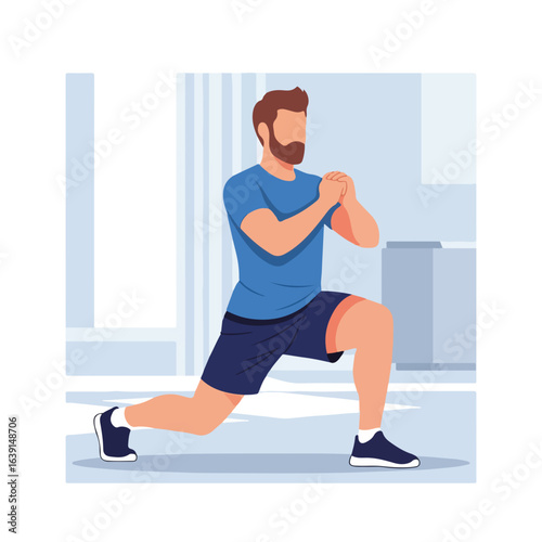 Fitness at home shown with man in blue t shirt, doing lunges in living room for exercise. Home fitness shown by person practicing workout routine. Fitness at home is lifestyle,