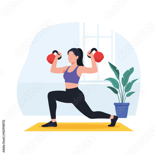 Woman exercising shows fitness at home, performing lunges with red kettlebells on yellow mat. Fitness at home routine strengthens body and promotes wellbeing, building physical endurance.