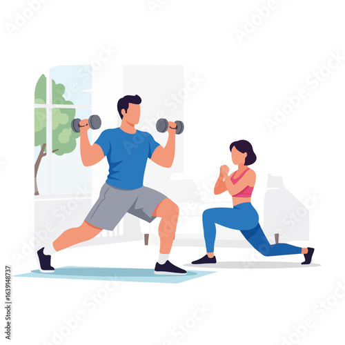 Fitness at home, focused on exercise with dumbbells with friend in living room. Fitness at home routine motivates healthy lifestyle, fitness at home is an enjoyable habit.