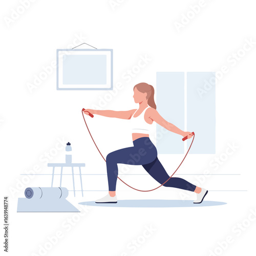 Fitness at home with woman exercising and using jump rope in living room for workout. This fitness at home setup is part of her exercise routine, which includes a mat, jump rope, and water bottle.