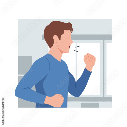 Coughing man covering mouth with a fist in a quarantine setting. Coughing man experiencing flu symptoms, or possible viral infection while quarantined.