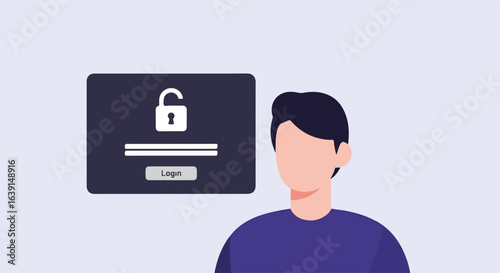 Password protection login screen with open padlock displayed on laptop screen. Man looks at password protection screen on computer. Secure password protection concept for website or application.